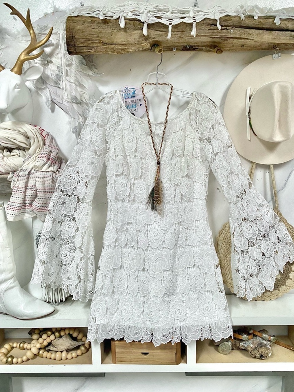 Gypsy sleeves boho floral lace /crochet dress w shabby chic prairie vacay vibe